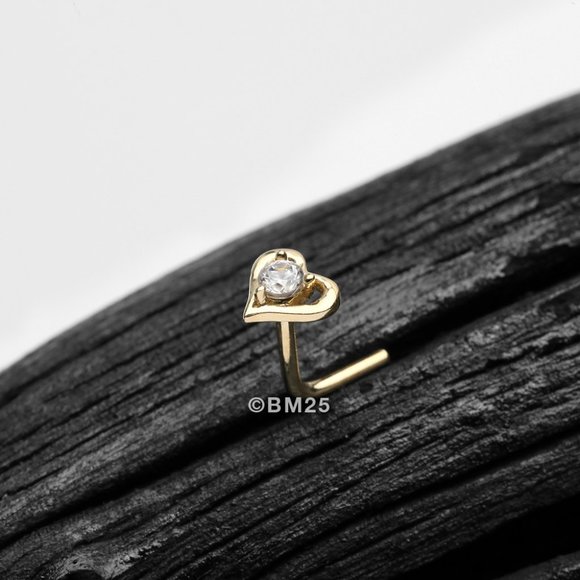 14 Karat Gold Hollow Heart Sparkle L-Shaped Nose Ring - Clear Gem - Picture 1 of 2